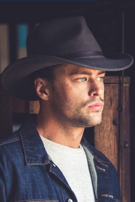 Cool man in grey wool felt Australian outback hat with brim