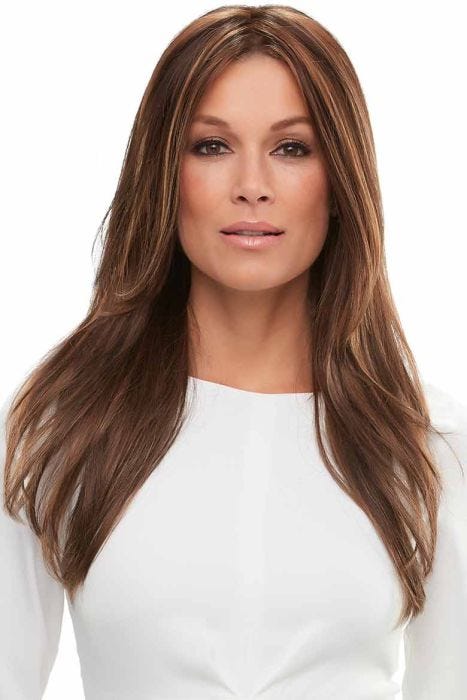 Woman in a large extra long dark brown lace front wig with highlights and textured layers