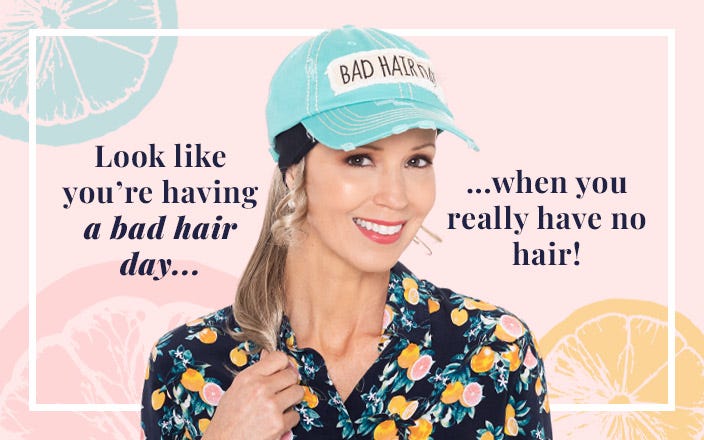 Look like you're having a bad hair day when you really have no hair - Bad Hair Day Baseball Cap with Ponytail Headband