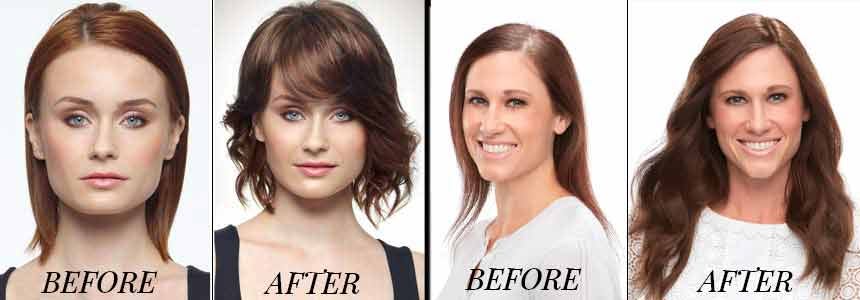 before and after images of women with hair toppers