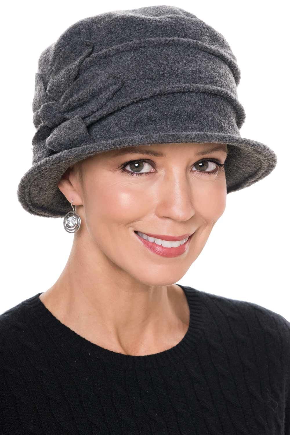 Fleece Leah Winter Chemo Hat with Flower Detail in Charcoal