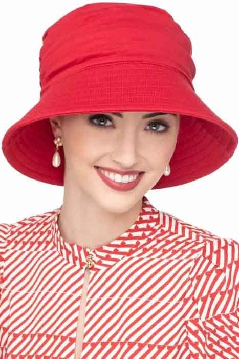 100% Cotton UPF 50+ Pleated Sun Hat for Chemo in Red